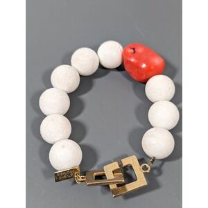 Athens Protasis White Lava Stone Red Coral Chunky Bracelet Boho‎ Beachy  7 inch